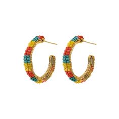 These delicate hand-crocheted hoops were fabricated by skilled Brazilian artisans. They are shiny wire crochet earrings and they create a statement look without weight or bulk! They are very comfortable to wear, light and can be worn in every occasion: day-to-night and casual-to-special. They feature 18 karat gold filled wire and and shiny multicolored beads. Made from non-allergenic (hypoallergenic) and nickel-free. Stunning jewelry that will last for a lifetime. Each pair of earrings takes hou Crocheted Earrings, Cascade Earrings, Wire Crochet, Enameled Copper, Jewelry Hand, Handmade Beaded Jewelry, Velvet Bag, Stunning Jewellery, Jewelry Earrings Hoops