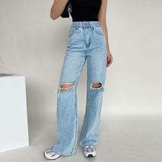 Blue Ripped Wide-Leg Jeans Women'S High-Waisted Straight Leg Jeans with knee holes Ripped Wide Leg Pants slim denim Floor Pants #jeans #bluejeans #howtowear #outfitidea #denimpants Ripped Jeans Women, Wide Leg Jeans Outfit, K Pop Fashion, Womens Fashion Jeans, Fall Jeans, Jeans High Waist, Fashion Jeans, Y2k Jeans, Pants Casual