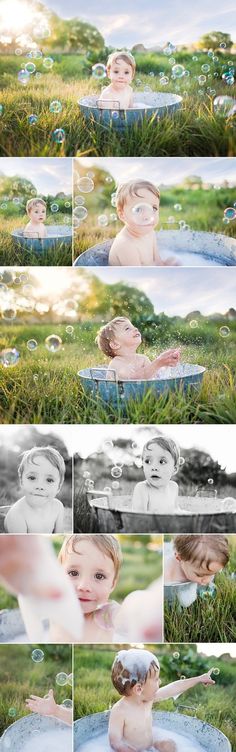 a series of photos showing different stages of playing in the water with bubbles and soap