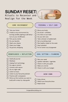 Sundays are a great day to press pause, realign and create your path for a productive week ahead. Let's do a Sunday reset routine, together! Self Care Week Ideas, Sunday Self Care Checklist, Sunday Reset Routine Mom, Weekly Things To Do, Sunday Reset Routine Checklist For Teens, Weekly Reset Routine Checklist, Yearly Reset Checklist, Weekend Reset Checklist, Life Reset Checklist 2024