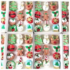 twelve decorated christmas cookies in white boxes with santa hats, snowmen and reindeers