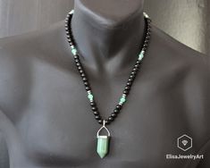 "Big Pointed Women's Aventurine Pendant Black Onyx Beaded Protection Long Adjustable Healing Gemstone Macrame Necklace Gift For Him Unisex -ALL THE PRODUCTS AT ELISAJEWELRYART ARE HANDMADE AND MADE WITH NATURAL BEADS. -WHAT DOES THE ONYX STAND FOR A powerful protection stone, Black Onyx absorbs and transforms negative energy, and helps to prevent the drain of personal energy. Black Onyx aids the development of emotional and physical strength and stamina, especially when support is needed during Black Jade Round Beads Jewelry, Black Jade Jewelry With Round Beads, Black Jade Jewelry With Natural Stones, Handmade Black Jade Necklace, Amethyst Properties, Greek Myth, Protection Crystals, Christmas Gif, Macrame Necklace