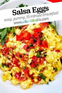 scrambled eggs with tomatoes and parsley on top