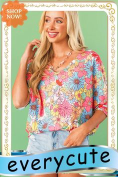 Multicolor Floral Print V Neck Half Sleeve Blouse Vibrant Print V-neck Top For Brunch, Trendy V-neck Blouse With Vibrant Print, Colorful V-neck Blouse For Beach, Chic Multicolor Print V-neck Blouse, Colorful V-neck Blouse For Vacation, Vibrant V-neck Blouse For Day Out, Colorful V-neck Top For Vacation, Multicolor Floral Print V-neck Blouse, Summer V-neck Tops With Multicolor Print