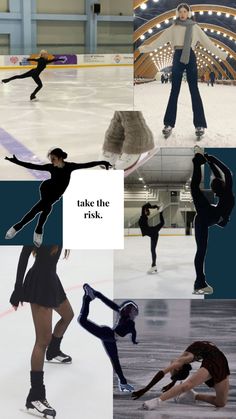 four different pictures of people skating on ice rinks and one has the caption take the risk