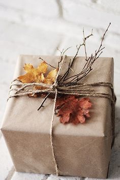 a present wrapped in brown paper and tied with twine, sitting on a white surface