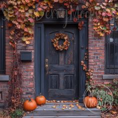 two pumpkins are sitting on the steps in front of a black door with ivy growing over it