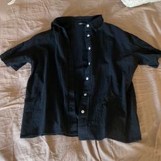 100% Cotton, Can Be Worn Casually Or Formally, A Great Basic. Never Worn. Black Button-up Blouse For Day Out, Black Button-up Shirt For Day Out, Casual Black Blouse With Button Closure, Black Shirt With Button Cuffs For Spring, Black Buttoned Shirt For Day Out, Black Button-up Top For Summer, Black Collared Tops With Button Closure, Black Buttoned Summer Blouse, Black Button-up Blouse With Button Closure