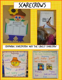 four different types of scarecrows with pictures and words on the front, two children writing