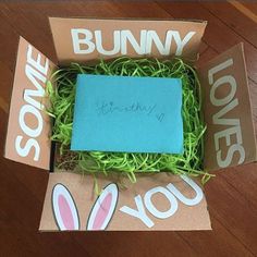 an open box filled with green grass and some bunny ears on it's side