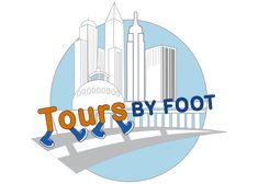 the words tours by foot are in front of an image of a bridge and skyscrapers