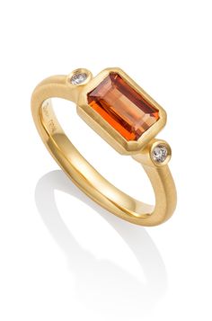 Gold & Stone Ring - The star of the show here is a dazzling 2.3ct pumpkin-orange garnet set in 18k gold. Perfect to wear alone or with other bands, this one-of-a-kind stone can be set in whole and half sizes 58. Orange Garnet Ring, Orange Engagement Ring, Gold Stone Ring, Colored Stone Engagement Rings, Cut Rings, Orange Stone, Bezel Set Ring, Emerald Cut Rings, Artful Home