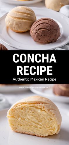 two different types of doughnuts on plates with the words concha recipe above them