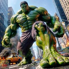 the incredible hulk from avengers comics is shown in front of some tall buildings and cars