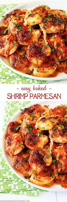 two plates filled with shrimp parmesan on top of a green and white table cloth