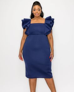 This dress is perfect for your next night out! The gorgeous neoprene material and flutter sleeves give this bodycon midi length dress a stylish look, while the thick and stretchy fabric ensures you'll be comfortable all night long. Swap out your accessories and take this plus size dress from workwear to date night in a snap L I V D Charlie Flutter Sleeve Dress | Navy | Dresses | Materials & Care Instructions: ['95% Polyester, 5% Spandex', 'Made in USA'] Chic Flutter Sleeve Dress For Night Out, Summer Midi Dress With Butterfly Sleeves For Party, Summer Party Midi Dress With Butterfly Sleeves, Fitted Dress With Butterfly Sleeves For Parties, Fitted Party Dress With Butterfly Sleeves, Chic Short Sleeve Bodycon Dress For Brunch, Stretch Midi-length Bodycon Dress With Ruffles, Spring Party Midi Dress With Butterfly Sleeves, Fitted Midi Dress With Butterfly Sleeves For Brunch