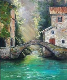 a painting of a bridge over a river