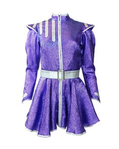 This is a fabulous theatre piece from costumier's Fairy Godmother in shiny purple metallic lamé. This piece can be worn as a short dress or jacket.  This has definite Aladdin vibes or even a retro-futuristic Space-age look - very Ziggy Stardust! Details: The edging is in silver metallic fabric and there are 3 silver stripes down the left of the chest. The epaulettes have silver metallic appliqué, ruched sleeves and pointed cuffs with silver appliqué detail. There is a loop of elastic over each c Purple Costume Dress For Cosplay Events, Purple Fantasy Dress For Costume Party, Fantasy Style Purple Dress For Costume Party, Purple Fantasy Costume Party Dress, Purple Long Sleeve Costume For Costume Party, Fantasy Costume For Costume Party In Purple, Fantasy Purple Costume For Costume Party, Purple Fitted Costume For Themed Events, Fitted Fantasy Carnival Costumes