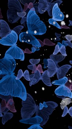 many blue and purple butterflies flying in the air with bubbles floating on it's wings