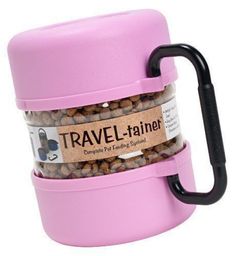 a pink travel container with two black handles and a brown label on the lid that says travel - trainer