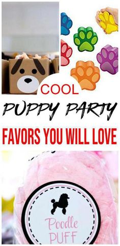 a collage of pictures with dog paws on it and the words cool puppy party favors you will love