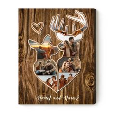 a wooden plaque with two deer heads and the words, heart and name 2 on it