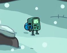 a cartoon character standing in the snow with a cell phone on his back and arms wrapped around him