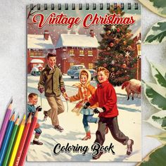 a vintage christmas coloring book with children playing outside in the snow and holding hands, surrounded by colored pencils