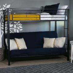 Sunrise Twin over Futon Bunk Bed Bedroom Walker Edison Black Contemporary Bunk Beds, Modern Bunk, Metal Futon, Adult Bunk Beds, Futon Bunk Bed, Modern Bunk Beds, Walker Edison Furniture, Bunk Beds With Stairs, Bunk Bed Designs