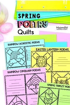 the spring poetry quilts are on display next to some other papers and pencils