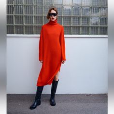 Long Sleeve Turtleneck Neck Dress. Site Vents At Hem. Red M New With Tags Casual Turtleneck Midi Dress, Casual Red Sweater Dress For Winter, Elegant Red Sweater Dress For Fall, Red Winter Workwear Dresses, Red Midi Dress For Work In Fall, Fitted Orange Winter Dress, Fitted Orange Dress For Winter, Casual Orange Winter Dress, Orange Casual Winter Dress