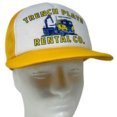 Trench Plate Rental Co Vintage 80s Trucker Hat Construction Road Work Yellow Vernon Headliner Mesh Snapback Baseball Cap I always ship hats in a box. CONDITION: In gently used condition - has a faint spot. Has been cleaned and sanitized. See photos. Vintage White Trucker Hat With Short Brim, Vintage Yellow Baseball Cap Trucker Hat, Vintage Yellow Trucker Baseball Cap, Retro Yellow Trucker Hat With Curved Brim, Vintage Yellow Trucker Hat, Retro Yellow Curved Brim Trucker Hat, Yellow Vintage Trucker Hat, Vintage Adjustable Trucker Hat, Vintage Yellow Snapback Trucker Hat