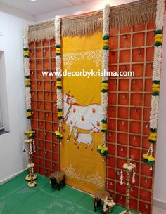 DecorbyKrishna - Housewarming Decor, Satyanarayana Swamy Vratam Satyanarayana Pooja Decoration Ideas, Pooja Decoration Ideas, Stage Decoration Photos, House Warming Decor, Coconut Decoration, Pooja Decoration, Ganpati Decoration At Home