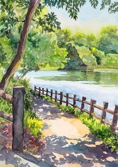 a watercolor painting of a path leading to a lake