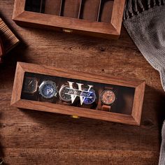 Our personalized engraved watch storage case gives a luxurious look that will make him feel like royalty and will keep all his watches safe and easy to find when needed. This exquisite keepsake features suede pillows that hold up watches, beautiful craftsmanship and a genuine beautifully engraved glass top. Crafted by artisans who take pride in their workmanship, these boxes are elegant enough for display even when empty. With the laser engraving feature, one can easily personalize the watch box with initials or short words so it feels truly special! Product features: - Our personalized watch case is a top-quality product with beautiful craftsmanship. - Available in 3 slots, 6 slots and 10 slots with suede pillows inside. - Our watch box allows a personalized engraving of names, initials a Luxury Brown Watches With Date Display, Classic Engraved Watch Accessories For Gift, Engraved Rectangular Watch As Gift, Engraved Rectangular Watches As Gifts, Engraved Rectangular Watch For Gift, Engraved Rectangular Watches For Gift, Rectangular Engraved Watches For Gifts, Personalized Watch Box For Men, Rectangular Brown Watch Case For Business