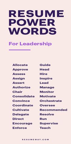 resume power words for leadership with the title above it in purple and black