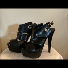 Never Worn But Has A Scuff On Front By Tip( See Photo) Chic Black Faux Leather Heels, Black Faux Leather Sandals For Party, Chic Black Heels With Buckle Closure, Heels Ideas, Shoes Cute, Cute Heels, Shoes Women Heels, See Photo, Shoes Heels