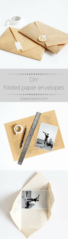 folded paper envelopes are shown with tape and scissors on the top, and bottom