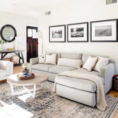 a living room filled with furniture and pictures on the wall above it's coffee table