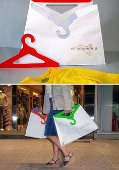 two photos one with a woman carrying shopping bags and the other with a paper bag