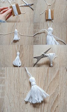 the instructions for how to make tassels with yarn and scissors are shown here