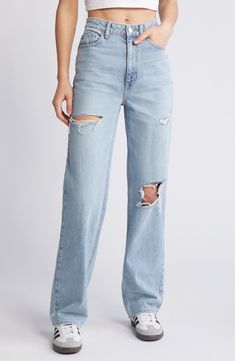 Ripped-out holes and a faded wash put a retro spin on high-waisted boyfriend jeans cut from comfortable cotton nonstretch denim. 32" inseam; 16" leg opening; 12 1/2" front rise; 16" back rise (size 29) Zip fly with button closure Five-pocket style 100% cotton Machine wash, tumble dry Imported Ripped Jeans Outfit Women, High Waisted Boyfriend Jeans, Ripped Jeans Outfit, Jeans Outfit Women, Ripped Boyfriend Jeans, Maternity Shops, Loungewear Shorts, Designer Clothes For Men, Modern Outfits