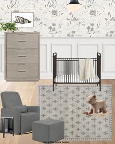 a baby's nursery room with grey furniture and wallpaper, including a crib