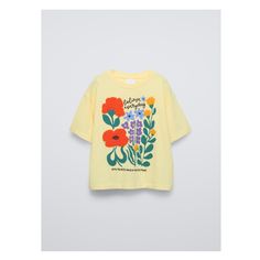 Round neck T-shirt with short sleeves. Front print with embroidery ruffle detail. Summer Short Sleeve T-shirt With Embroidered Text, Trendy Summer T-shirt With Embroidered Text, Trendy T-shirt With Embroidered Text For Summer, Zara T-shirt With Letter Print For Spring, Casual Yellow T-shirt With Embroidered Graphics, Summer Embroidered Graphic Tee, Casual Yellow Tops With Embroidered Graphics, Summer T-shirt With Embroidered Text And Short Sleeves, Zara Cute Graphic Print T-shirt