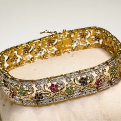 Vtg Designer Silver 18k Gold Overlay Ruby Emerald Sapphire Tennis Bracelet - 8” Emerald Tennis Bracelet, Sapphire Tennis Bracelet, Ruby Emerald, Gold Overlay, Design Silver, Tennis Bracelet, Womens Jewelry Bracelets, Antique Jewelry, 18k Gold