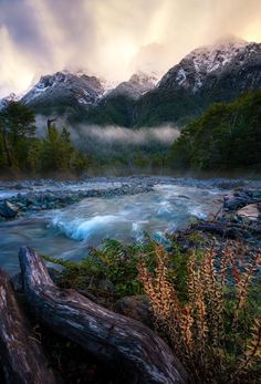 a river running through a lush green forest covered in snow and mist next to mountains