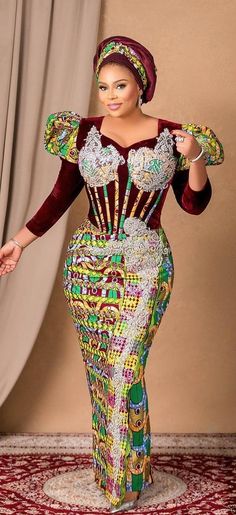 Owanbe Ankara Styles For Ladies, Velvet And Ankara Styles, Ankara With Velvet Styles, Nigeria Ankara Styles, Owanbe Styles For Ankara, Chitenge Patterns, Ankara Long Gown, Stylish Naija