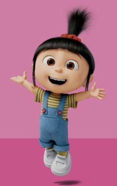 an animated character with black hair and blue overalls standing in front of a pink background