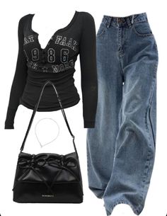 Good Aesthetic Outfits, Clothes With Baggy Jeans, 90s Outfit Baggy Jeans, Jean And Leather Outfit, Long Jean Outfits, Baggy Jeans Outfit Y2k Grunge, Loose Baggy Jeans Outfit, High Rise Baggy Jeans Outfit, Y2k Baggy Jeans Outfit