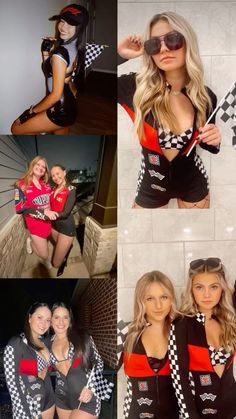 several photos of two women in racing outfits